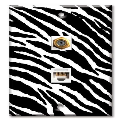 Art Plates - Decorative Printed 2 Port Data Wall Plate, RJ11 Telephone Jack Connector with RJ45 (Cat5, Cat6, Cat7) Ethernet Connector, Gold-Plated - Black and white Zebra