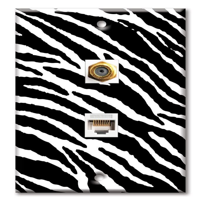 Art Plates - Decorative Printed 2 Port Data Wall Plate, RJ11 Telephone Jack Connector with RJ45 (Cat5, Cat6, Cat7) Ethernet Connector, Gold-Plated - Black and white Zebra