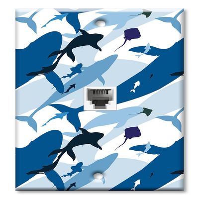Art Plates - One Port RJ11 - Telephone decorative printed keystone style wall plate. CAT3 - RJ12 Female to Female phone jack. Works for phones, fax, ect. - Seamless Sharks