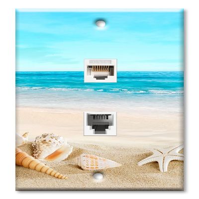 Art Plates - Decorative Printed 2 Port Data Wall Plate - RJ11 Telephone Jack Connector and RJ45 (Cat5, Cat6, Cat7) Ethernet Connector - Gold-Plated Contacts - Seashells on the Beach
