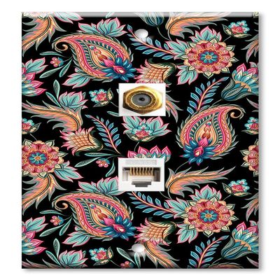 Art Plates - Decorative Printed 2 Port Data Wall Plate, RJ11 Telephone Jack Connector with RJ45 (Cat5, Cat6, Cat7) Ethernet Connector, Gold-Plated - Paisley Flowers