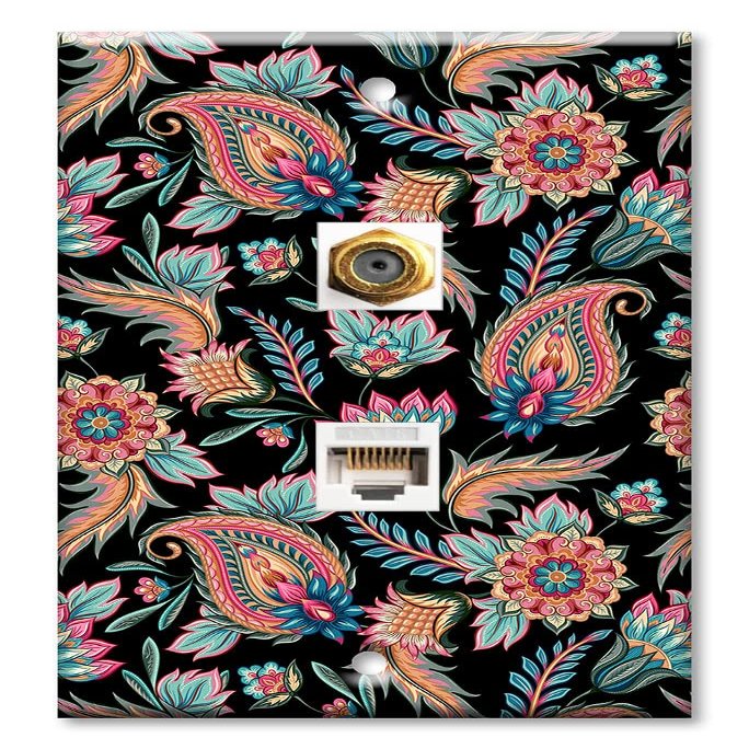 Art Plates - Decorative Printed 2 Port Data Wall Plate, RJ11 Telephone Jack Connector with RJ45 (Cat5, Cat6, Cat7) Ethernet Connector, Gold-Plated - Paisley Flowers