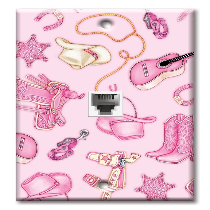 Art Plates - One Port RJ11 - Telephone decorative printed keystone style wall plate. CAT3 - RJ12 Female to Female phone jack. Works for phones, fax, ect. - Cow Girl (Pink)