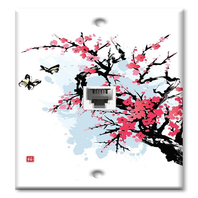 Art Plates - One Port RJ11 - Telephone decorative printed keystone style wall plate. CAT3 - RJ12 Female to Female phone jack. Works for phones, fax, ect. - Pink Cherry Blossoms and Butterflies