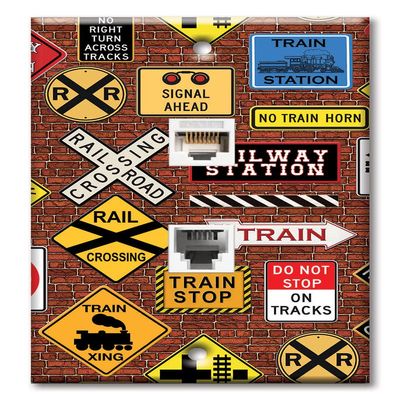 Art Plates - Decorative Printed 2 Port Data Wall Plate - RJ11 Telephone Jack Connector and RJ45 (Cat5, Cat6, Cat7) Ethernet Connector - Gold-Plated Contacts - Train Signs