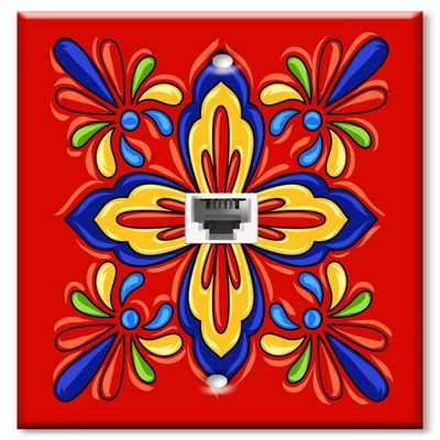 Art Plates - Decorative Printed 2 Port Data Wall Plate, RJ11 Telephone Jack Connector with RJ45 (Cat5, Cat6, Cat7) Ethernet Connector, Gold-Plated - Red Mexican Talavera Tile Print