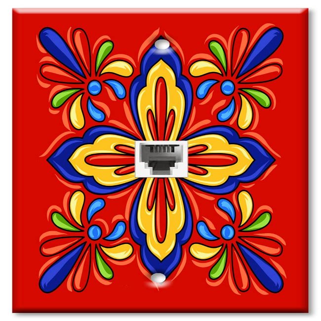 Art Plates - Decorative Printed 2 Port Data Wall Plate, RJ11 Telephone Jack Connector with RJ45 (Cat5, Cat6, Cat7) Ethernet Connector, Gold-Plated - Red Mexican Talavera Tile Print