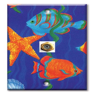 Art Plates - Decorative Printed 1 Port Coax Cable Wall Plate, 3GHz Coaxial Cable Connector, F-Type RG6 - RG59 Cable Extender Male to Male, Gold-Plated - Fish II