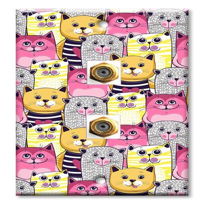 Art Plates - Decorative Printed 2 Port Coax Cable Wall Plate, 3GHz Coaxial Cable Connector, F-Type RG6 - RG59 Cable Extender Male to Male, Gold-Plated - Pink, Yellow and Gray Cat Toss