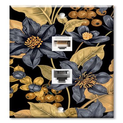 Art Plates - Decorative Printed 2 Port Data Wall Plate - RJ11 Telephone Jack Connector and RJ45 (Cat5, Cat6, Cat7) Ethernet Connector - Gold-Plated Contacts - Black and Gold Flowers