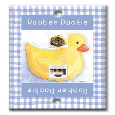 Art Plates - Decorative Printed 2 Port Data Wall Plate, RJ11 Telephone Jack Connector with RJ45 (Cat5, Cat6, Cat7) Ethernet Connector, Gold-Plated - Rubber Ducky