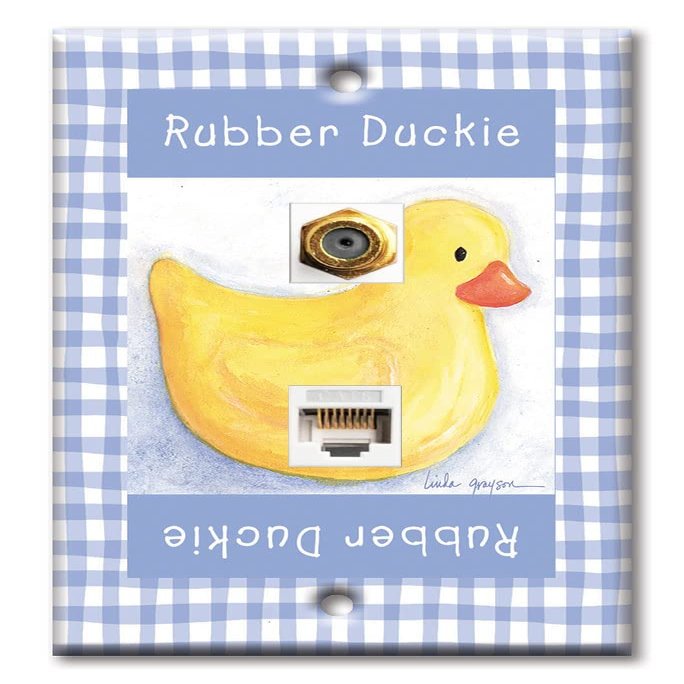 Art Plates - Decorative Printed 2 Port Data Wall Plate, RJ11 Telephone Jack Connector with RJ45 (Cat5, Cat6, Cat7) Ethernet Connector, Gold-Plated - Rubber Ducky