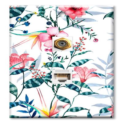 Art Plates - Decorative Printed 2 Port Data Wall Plate, RJ11 Telephone Jack Connector with RJ45 (Cat5, Cat6, Cat7) Ethernet Connector, Gold-Plated - Pink Hibiscus