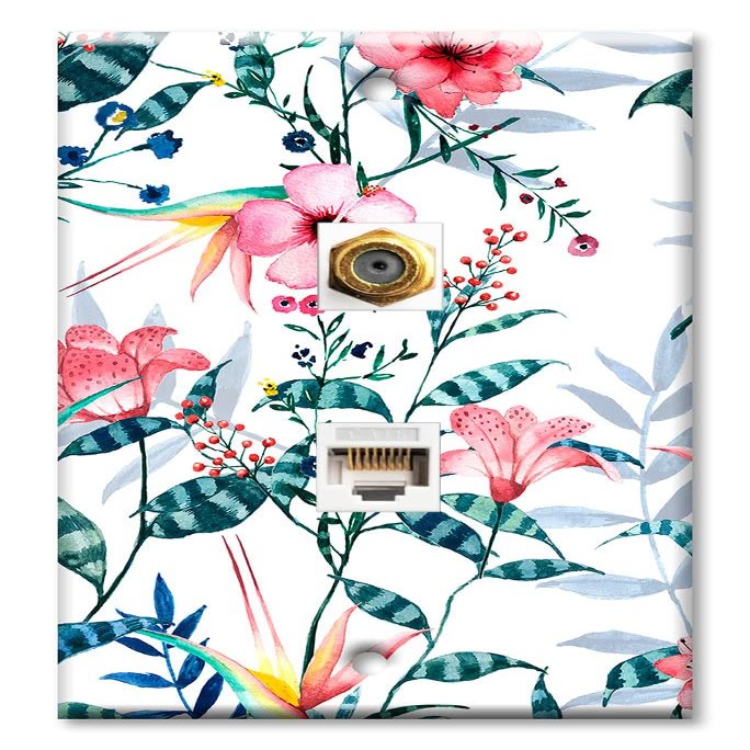 Art Plates - Decorative Printed 2 Port Data Wall Plate, RJ11 Telephone Jack Connector with RJ45 (Cat5, Cat6, Cat7) Ethernet Connector, Gold-Plated - Pink Hibiscus