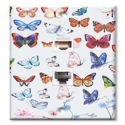 Art Plates - Decorative Printed 2 Port Data Wall Plate - RJ11 Telephone Jack Connector and RJ45 (Cat5, Cat6, Cat7) Ethernet Connector - Gold-Plated Contacts - Watercolor Butterflies