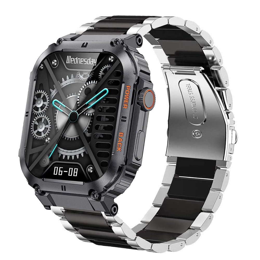 22mm Watch band, Lamshaw Quick Release Stainless Steel Metal Replacement Straps Compatible with KACLUT Smart Watch/EIGIIS K57 Pro 1.96 Military Smart Watches/ESFOE K57 1.96 Military Smart Watch/K57 Pro 1.96 Military Smart Watches (Silver-Black)
