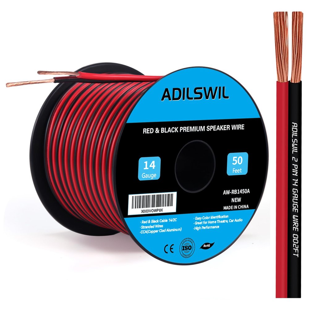 14AWG 50FT Speaker Wire, 2 Conductors Electrical Red Black Cable Hookup LED Lighting Strips Flexible Wire Extension Cord 14 Gauge Copper Clad Aluminum Copper Wire 12V/24V DC Cable