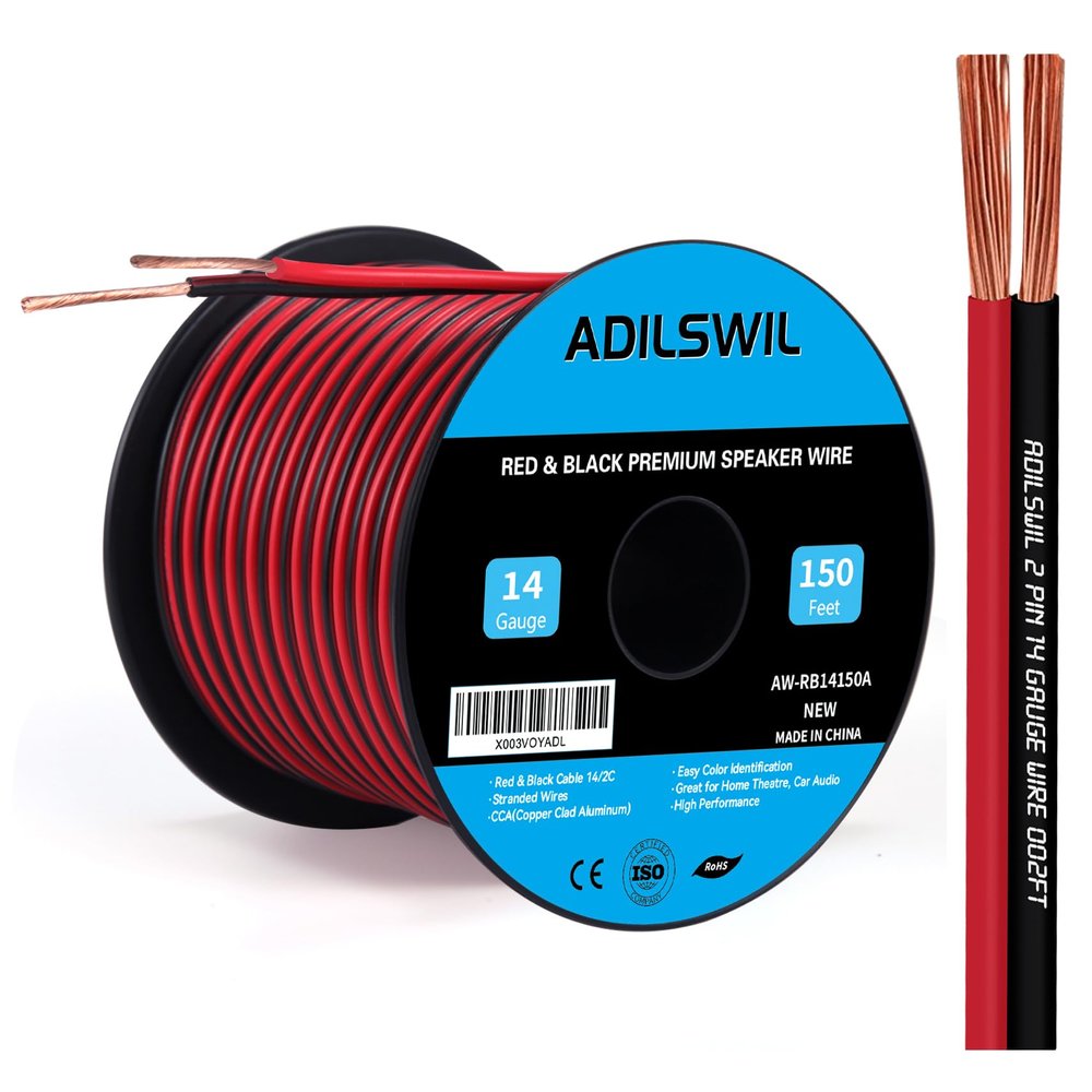 14AWG 150FT Speaker Wire, 2 Conductors Electrical Red Black Cable Hookup LED Lighting Strips Flexible Wire Extension Cord 14 Gauge Copper Clad Aluminum Copper Wire 12V/24V DC Cable