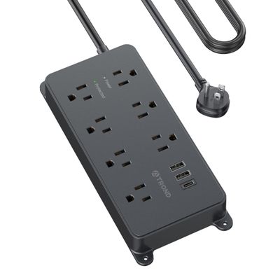TROND Surge Protector Power Strip, Flat Plug 15ft Long Extension Cord, 7 Widely-Spaced Outlets with 3 USB Ports, ETL Listed, 1700J, Wall Mountable, for Home Office Garage, Black