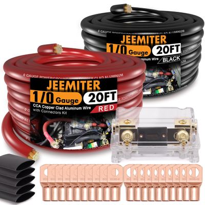 1/0 Gauge CCA Wire Kit with ANL Fuse - 40ft Total (20ft Red+Black) Car Amplifier Power Ground Cable, Complete Amp Install & Big 3 Upgrade Kit