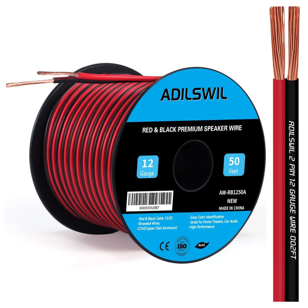 12AWG 50FT Speaker Wire, 2 Conductors Electrical Red Black Cable Hookup LED Lighting Strips Flexible Wire Extension Cord 12 Gauge Copper Clad Aluminum Copper Wire 12V/24V DC Cable
