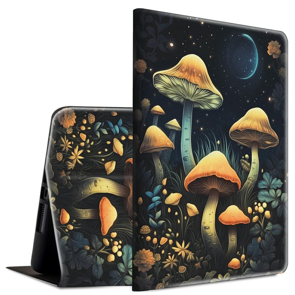 BFSEROBJ Case for Kindle Fire HD 10 Tablet 10.1" 7th/9th Generation 2017/2019 Release Lightweight Smart Case PU Leather Adjustable Stand Protective Cover with Auto Wake/Sleep - Mushroom and Moon