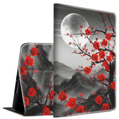BFSEROBJ Case for All-New Fire 7 Tablet Case 7" 12th Generation 2022 Release Lightweight Smart Cover PU Leather Adjustable Stand Protective Cover with Auto Wake/Sleep - Cherry Blossom and Moon