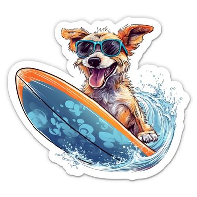 Fun Surfing Dog Sticker - 5" Laptop Sticker - Waterproof Vinyl for Car, Phone, Water Bottle - Surf Surfer Decal