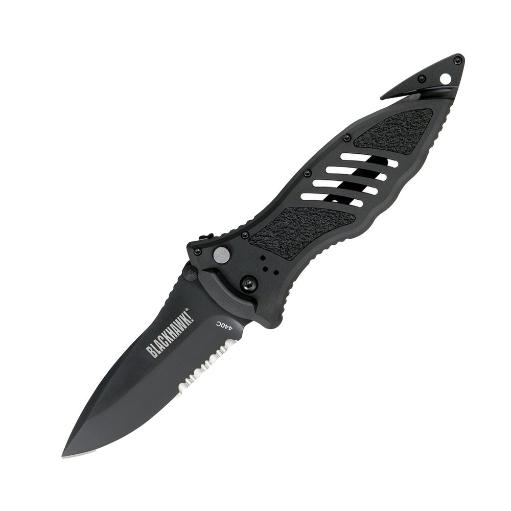 BLACKHAWK Large Button Lock Folding Knife, 3-3/4 D2 Tool Steel, Partially Serrated Blade with Seatbelt Cutter and Glass Breaker (BH15M311BK)