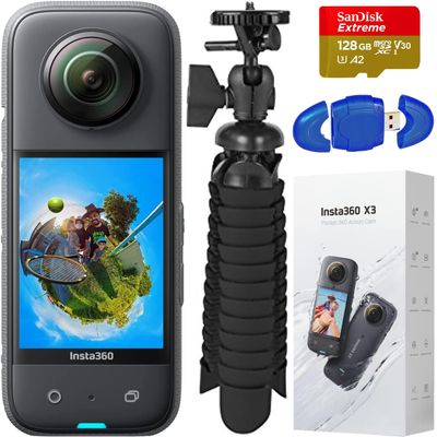 Insta360 X3 - Waterproof 360 Action Camera with 1/2" 48MP Sensors, 5.7K 360 Active HDR Video, 72MP 360 Photo, 60fps, Stabilization, 2.29" Touchscreen, AI Editing, Live Stream Action Bundle