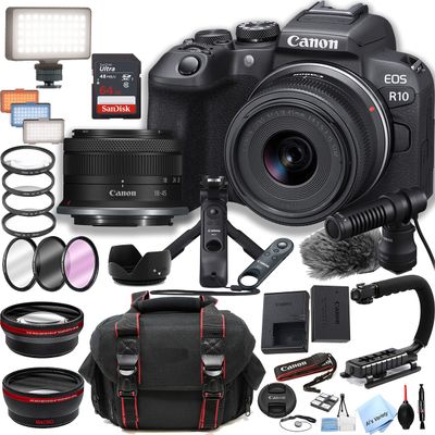 Canon EOS R10 Mirrorless Camera with 18-45mm Lens Content Creator Kit+ 64GB Memory + Case + LED Video Light + Stabilizing Grip +Filters & More (38pc Bundle) (Renewed)