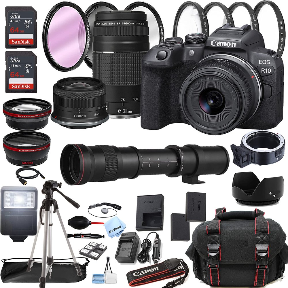 Canon EOS R10 Mirrorless Digital Camera With RF-S 18-45mm IS STM Lens, 75-300mm and 420-800mm Super Telephoto Lenses, 128GB Memory, Case, Tripod, Filters (45pc Bundle) (Renewed)