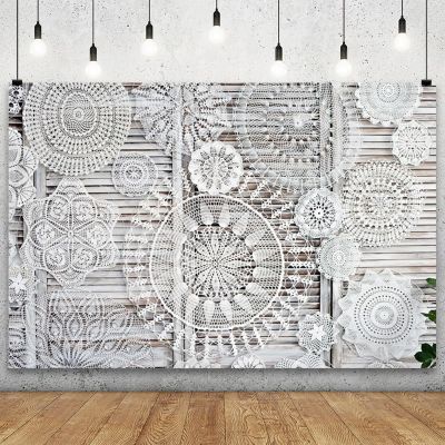 YongFoto European Vintage Beige Lace Mandala Bohemian Backdrop 10x7ft Wooden Bamboo Wall Turkish Knitting Photography Background Wedding Party Banner Room Decor Photoshoot Booth Props Wallpaper