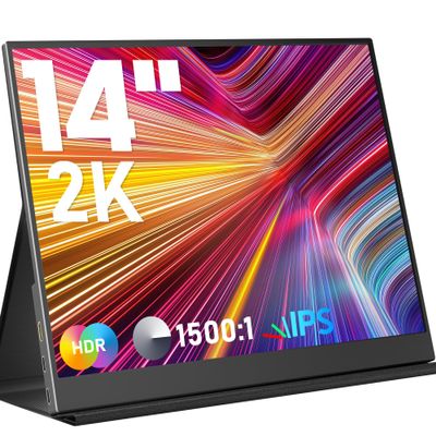 KEEPTIME Portable Monitor 14inch 2K Laptop Monitor USB C HDMI Gaming Ultra-Slim IPS Display Smart Cover & Speakers, 2160 * 1440P Screen for Laptop, HDR External Monitor for Laptop PC Phone Mac Xbox