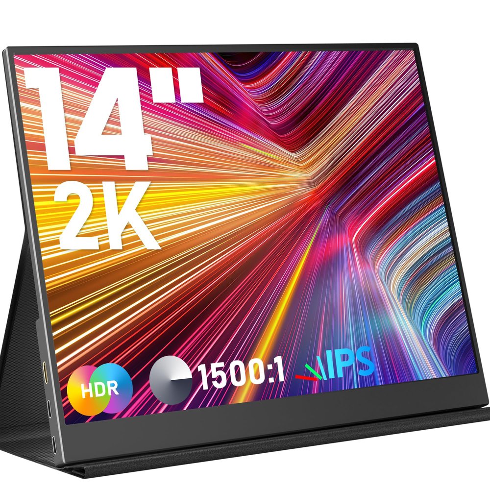 KEEPTIME Portable Monitor 14inch 2K Laptop Monitor USB C HDMI Gaming Ultra-Slim IPS Display Smart Cover & Speakers, 2160 * 1440P Screen for Laptop, HDR External Monitor for Laptop PC Phone Mac Xbox