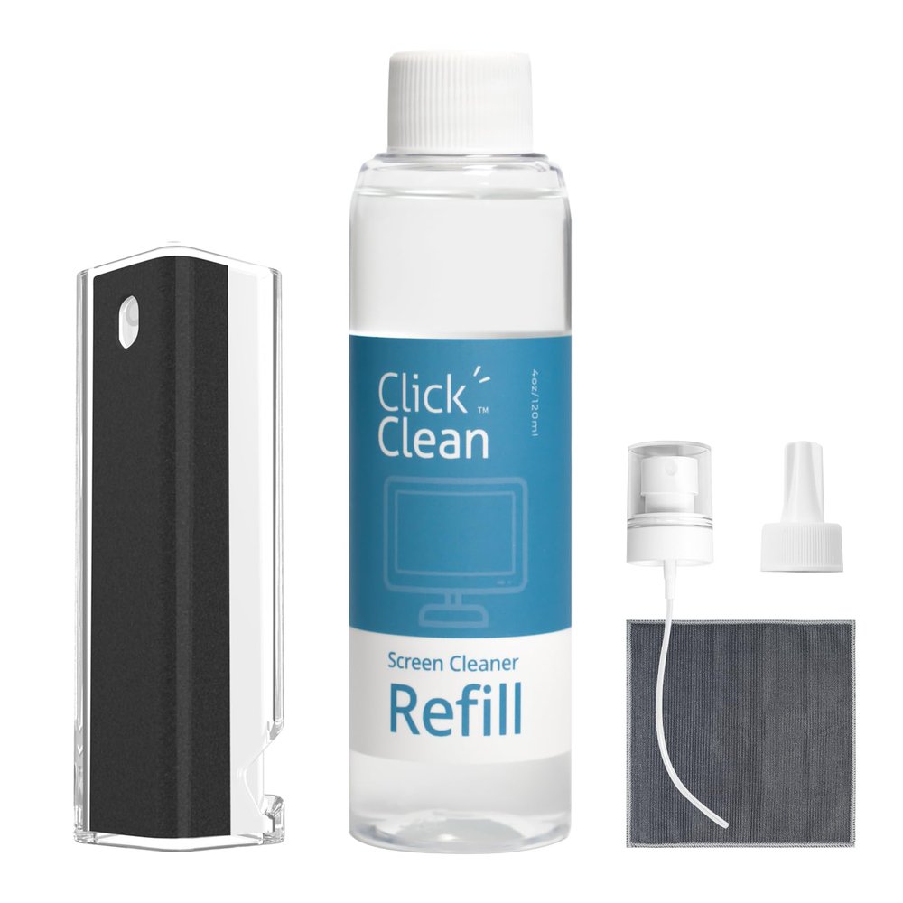 Click Clean Screen Cleaner Refill Kits - 1 Screen Cleane with 4 oz Cleaner Refill and 1 Microfiber Cloth(7.8 x 7.8in), 1 Mini Refill Funnel + 1 Sprayer, for All Phones, Laptop and Tablet Screens