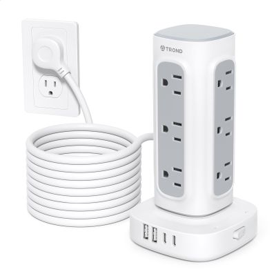 TROND Surge Protector Power Strip Tower - 15ft Flat Plug Extension Cord with Multiple Outlets, 4 USB Ports, Vertical Charging Station, 1700 J, Home Office Desk Supplies, Dorm Room Essentials, White