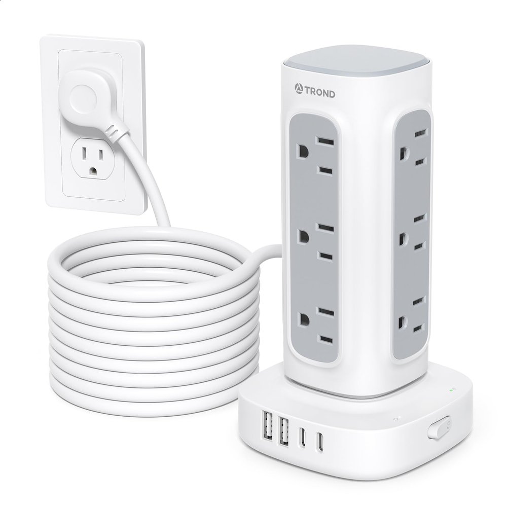 TROND Surge Protector Power Strip Tower - 15ft Flat Plug Extension Cord with Multiple Outlets, 4 USB Ports, Vertical Charging Station, 1700 J, Home Office Desk Supplies, Dorm Room Essentials, White