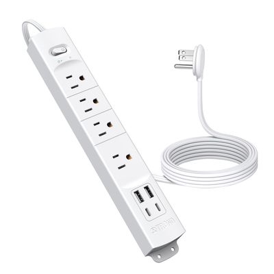 TROND Flat Plug Power Strip USB-5ft Flat Extension Cord Surge Protector Wall Mount, 2 Type C & 2 USB A Ports with Multiple Outlets, 1440J, 1625W for Office Supplies Dorm Room Essentials, White