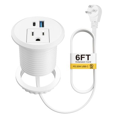 2 Inch Desk Power Grommet USB C PD 20W, Recessed Power Strip Socket with AC Plugs and 2 USB Charging Ports, Hidden Power Strip for Office Furniture Conference Room Kitchen Table, White