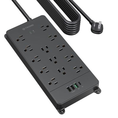 TROND Surge Protector Power Strip 15 ft, Flat Plug Extension Cord with 32W USB C & QC 3.0 Charger, 4000 Joules, ETL Listed, 13 Wide Spaced Outlets, Heavy Duty, Wall Mount for Home Office, Black