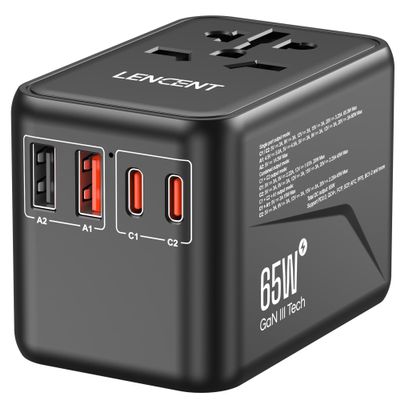 LENCENT Universal Travel Adapter, GaN3 65W International Charger with 2 QC4.0 USB-A+ 2 PD3.0 Type-C PPS Fast Charging, Worldwide European Outlet Adaptor for iPhone,Samsung,Laptops, USA/UK/EU/AUS