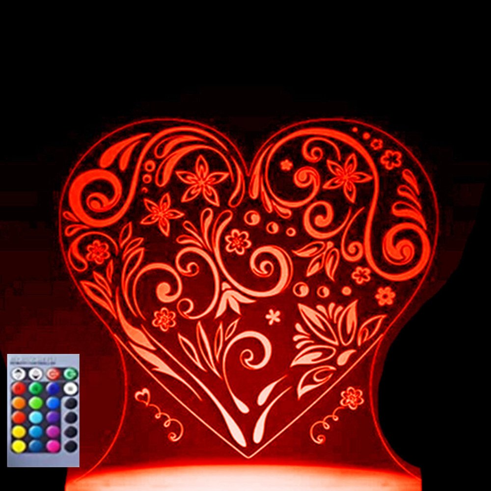 Jinnwell 3D Love Heart Night Light led Lamp Illusion 16 Color Changing Table Desk Decoration Lamps Birthday Gift Acrylic Base USB Cable Toy