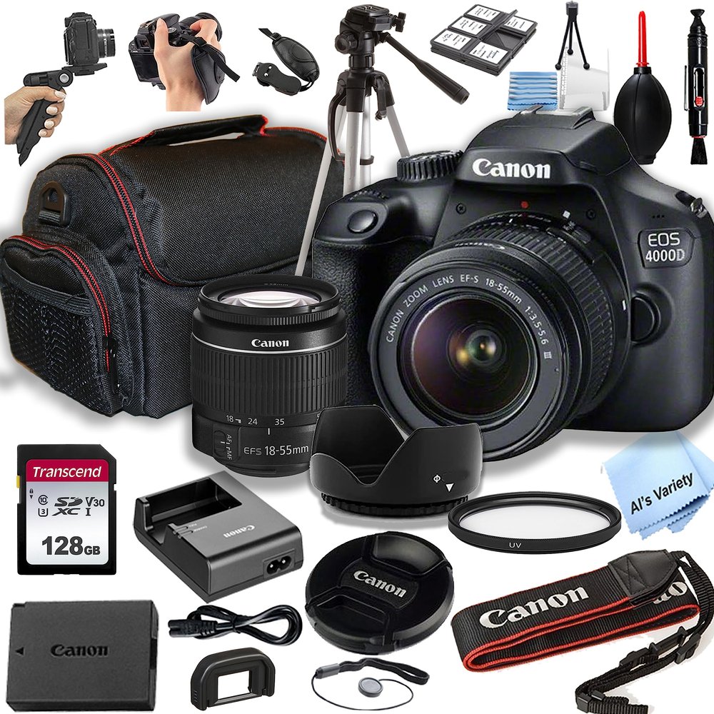 Canon 4000D (EOS Rebel T100) DSLR Camera w/EF-S 18-55mm F/3.5-5.6 Zoom Lens + 128GB Memory Card, Case, Hood, Tripod, Grip-Pod, Filter, Professional Photo Bundle(24pc) (Renewed)