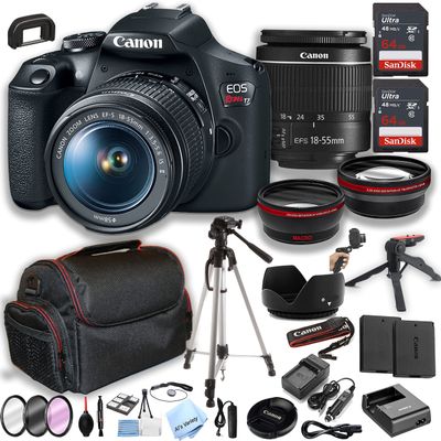 Canon EOS Rebel T7 DSLR Camera w/EF-S 18-55mm is II Zoom Lens + 2pcs 64GB Memory + Case+ Tripod + Steady Grip Pod + Filters + Macro + 2X Lens + 2X Batteries + More (35pc Bundle) (Renewed)