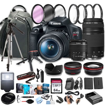 EOS Rebel T7 DSLR Camera w/EF-S 18-55mm F/3.5-5.6 Zoom Lens + 75-300mm F/4-5.6 III Lens+ 64GB Memory Cards, Professional Photo Bundle (42pc Bundle) (Renewed)