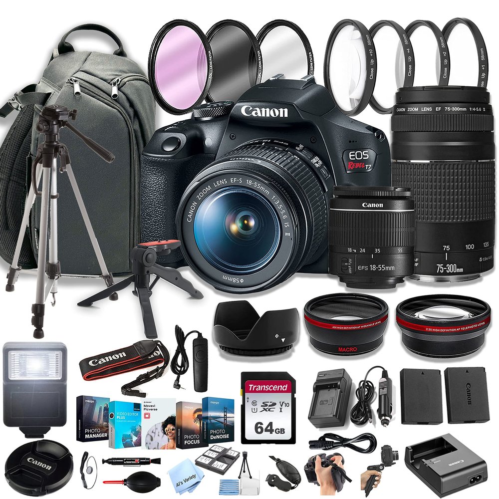 EOS Rebel T7 DSLR Camera w/EF-S 18-55mm F/3.5-5.6 Zoom Lens + 75-300mm F/4-5.6 III Lens+ 64GB Memory Cards, Professional Photo Bundle (42pc Bundle) (Renewed)