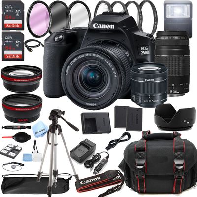 Canon EOS 250D (Rebel SL3) DSLR Camera w/EF-S 18-55mm F/4-5.6 is STM Zoom Lens + 75-300mm F/4-5.6 III Lens + 128GB Memory + Case + Tripod + Filters (38pc Bundle) (Renewed)