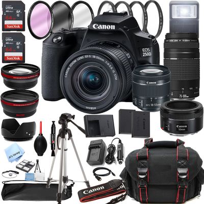 Canon EOS 250D (Rebel SL3) DSLR Camera w/EF-S 18-55mm F/4-5.6 is STM Zoom Lens + 75-300mm F/4-5.6 III Lens + EF 50mm f/1.8 STM Lens + 128GB Memory + Case + Tripod + Filters (40pc Bundle) (Renewed)