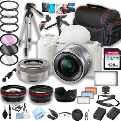 Sony ZV-E10 (White) Mirrorless Camera with 16-50mm Lens + 128GB Memory + LED Video Light + Case+ Steady Grip Pod + Tripod + Filters + Lenses + Software + More (42pc Bundle) (Renewed)